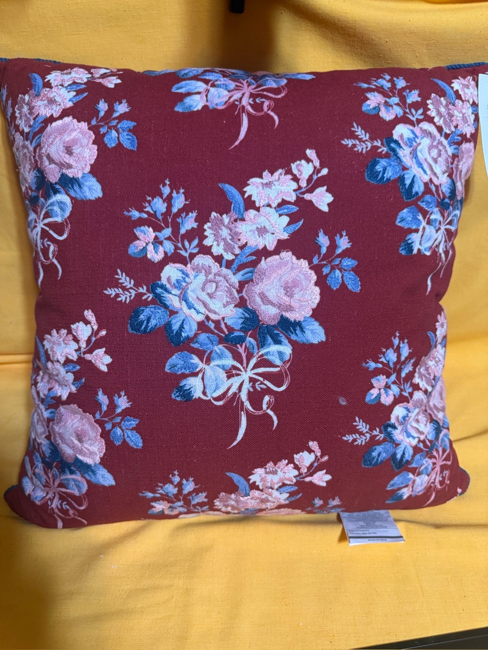 Laura Ashley Burgundy Floral Accent Pillow with Pink & Blue Blooms